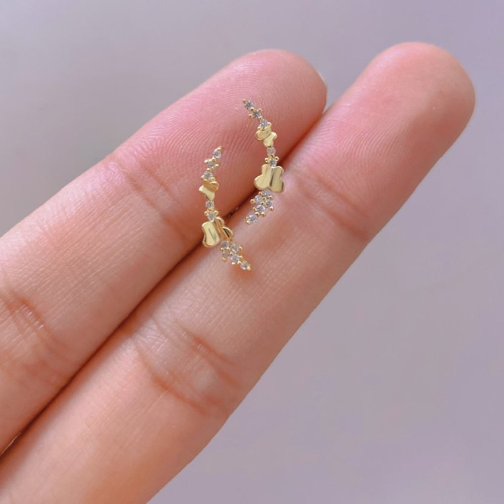 925 Sterling Curved Cubic Zirconia Bar Earring Stud Accented with Butterfly Stud